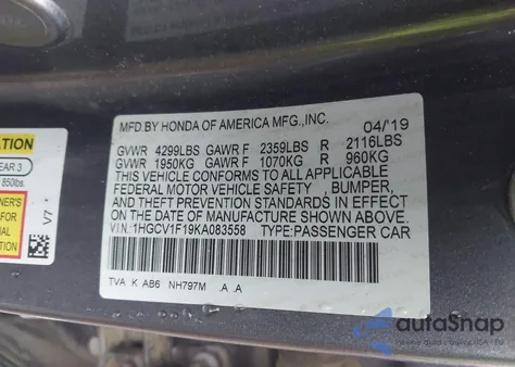 2019 Honda Accord Lx из США, поврежденный, VIN 1HGCV1F19KA083558